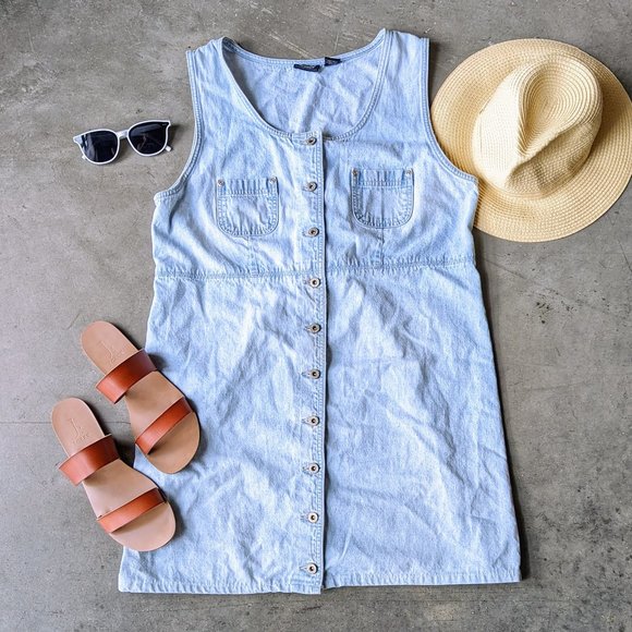 Vintage Sonoma Light Blue Denim Button Front Sleeveless Mini Dress large - Picture 1 of 7